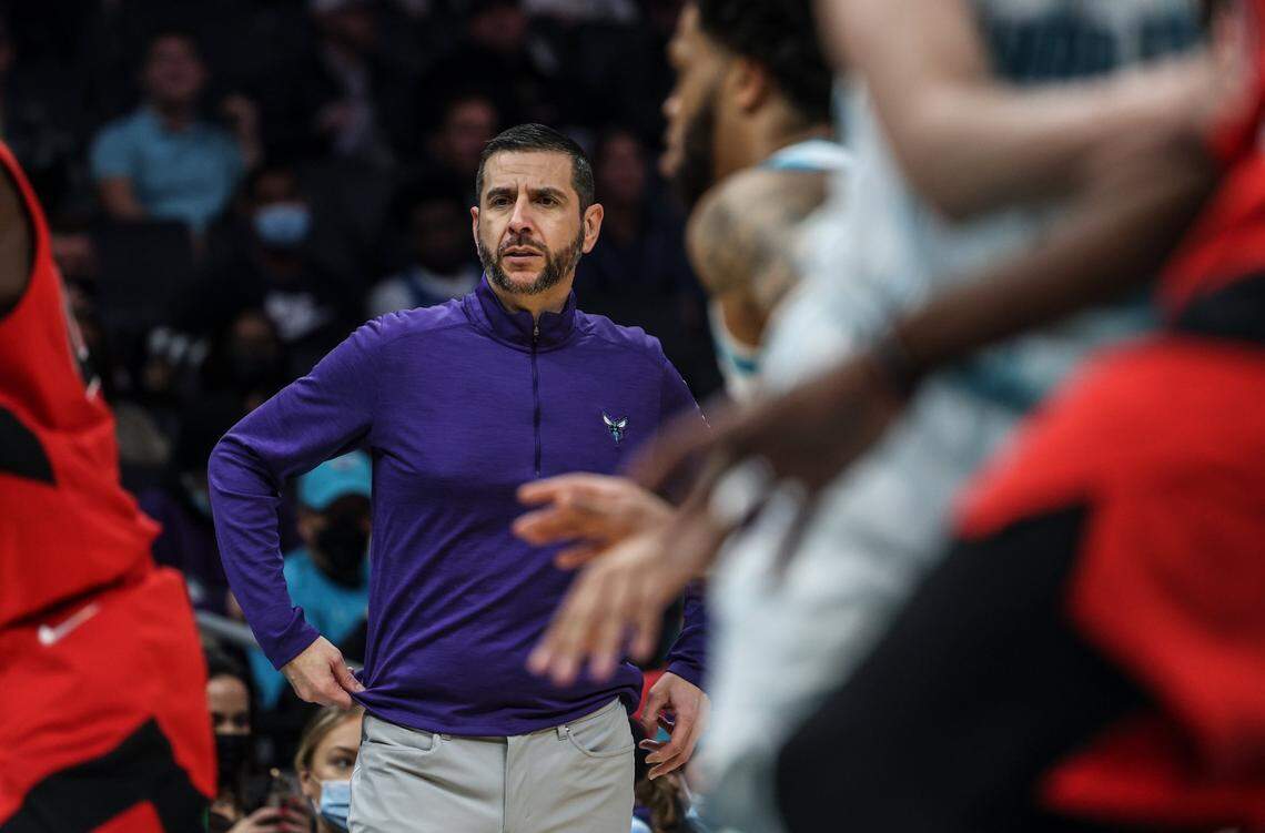 Charlotte Hornets coach James Borrego coaches during the game against the Toronto Raptors at the Spectrum Center In Charlotte, N.C., on Monday, February 7, 2022.