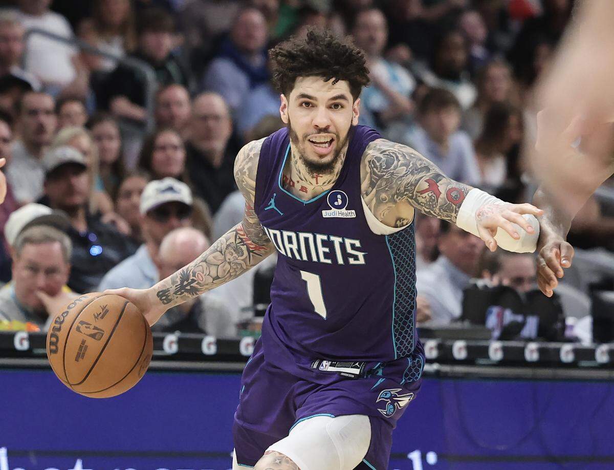 Charlotte Hornets guard LaMelo Ball drives up the court during the game against the Indiana Pacers Friday, April 3, 2026 at Spectrum Center in Charlotte.