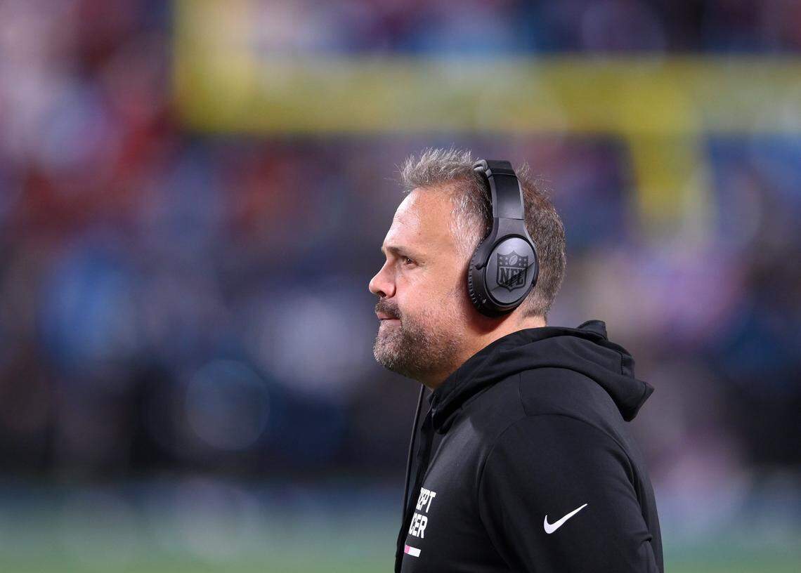 Carolina Panthers head coach Matt Rhule stares out onto the field during second half action against the San Francisco 49ers at Bank of America Stadium on Sunday, October 9, 2022. The 49ers defeated the Panthers 37-15 in what proved to be Rhule’s final game as Carolina head coach.