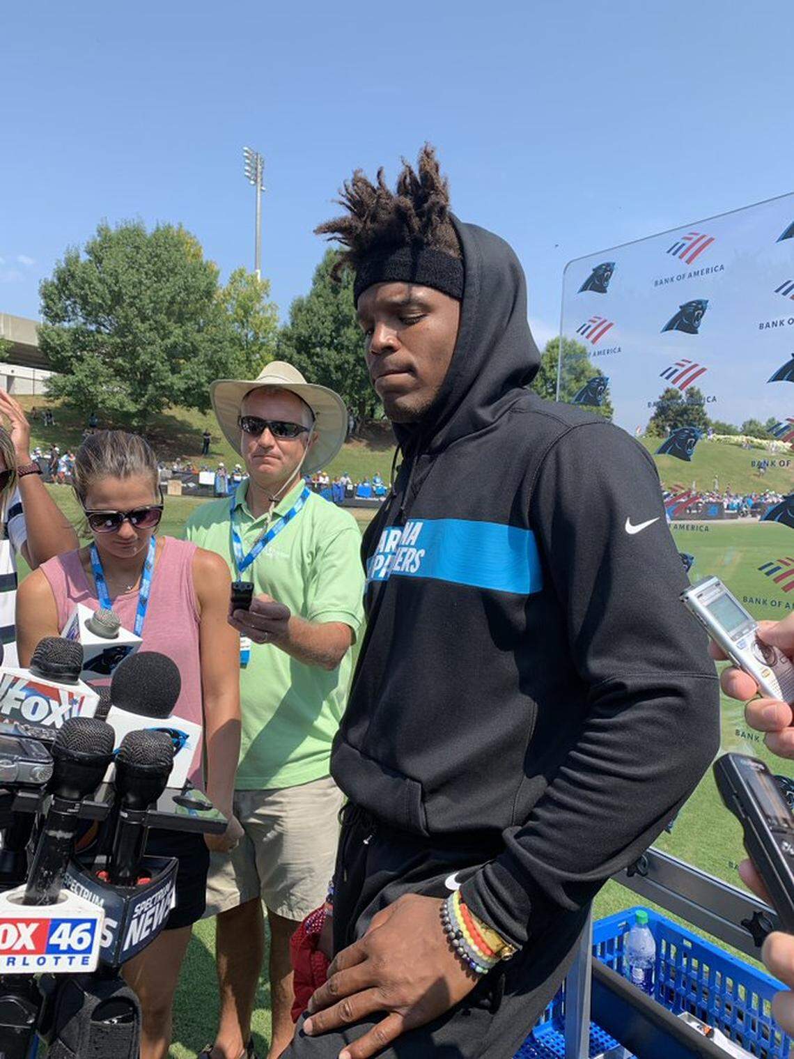 Carolina Panthers quarterback Cam Newton answers questions from reporters after practice at Wofford College in Spartanburg, S.C., on Thursday, Aug. 1, 2019.