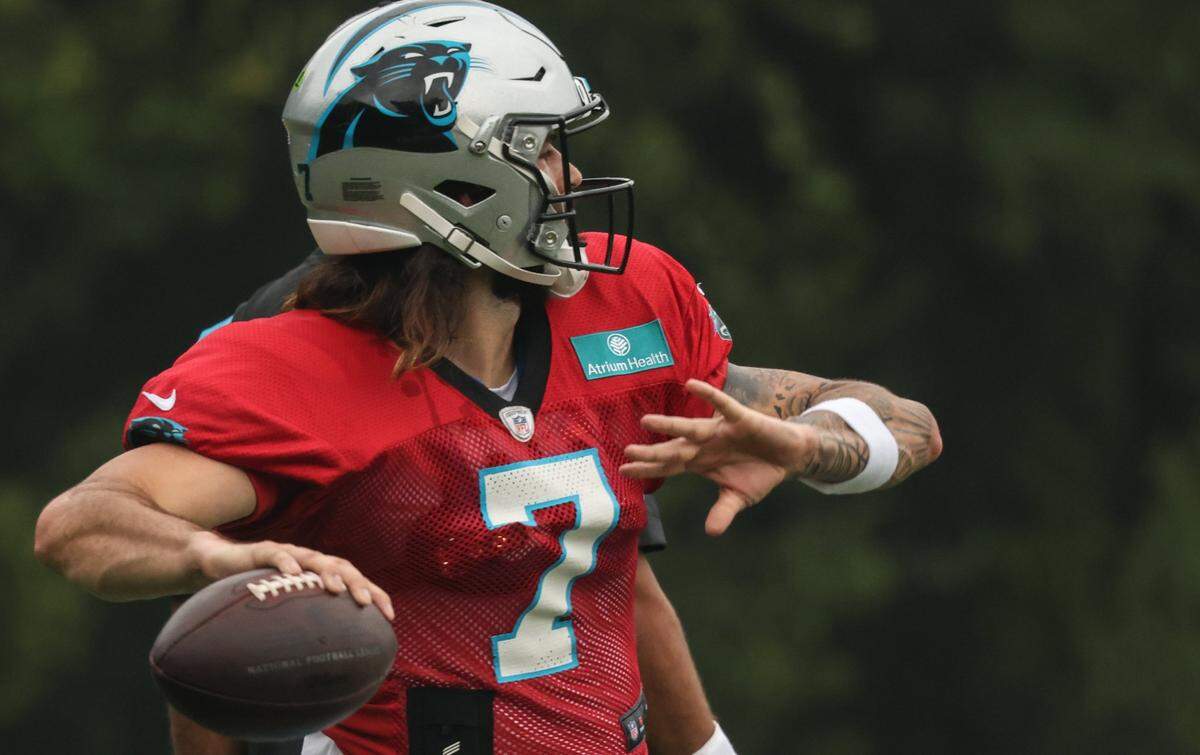 Carolina Panthers Will Grier throws the ball during a drill at the Carolina Panthers training camp at Wofford College in Spartanburg, S.C., on Tuesday, August 3, 2021.