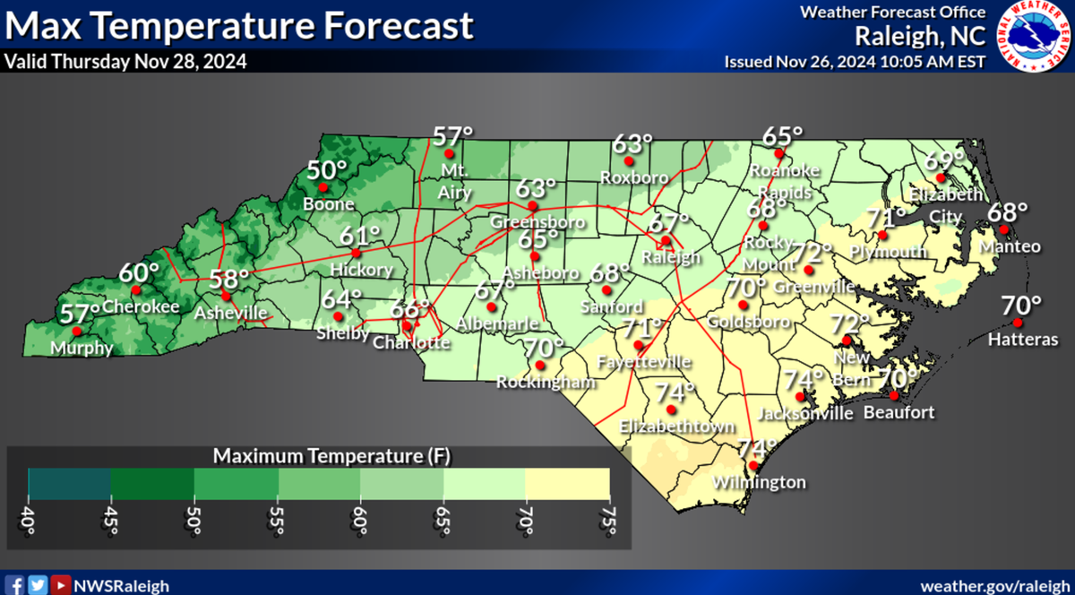 A screenshot of the NWS Statewide Temperature Map for Thursday, Nov. 28.