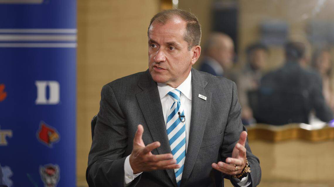 ACC commissioner Jim Phillips makes a point at an ACC basketball preview event in Charlotte on Oct. 25, 2023.