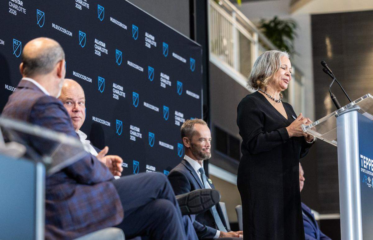 Mayor Vi Lyles speaks during a press conference announcing the 2026 MLS All-Star Game will be held in Charlotte at the Bank of America Stadium in Charlotte, N.C., on Wednesday, July 16, 2025.