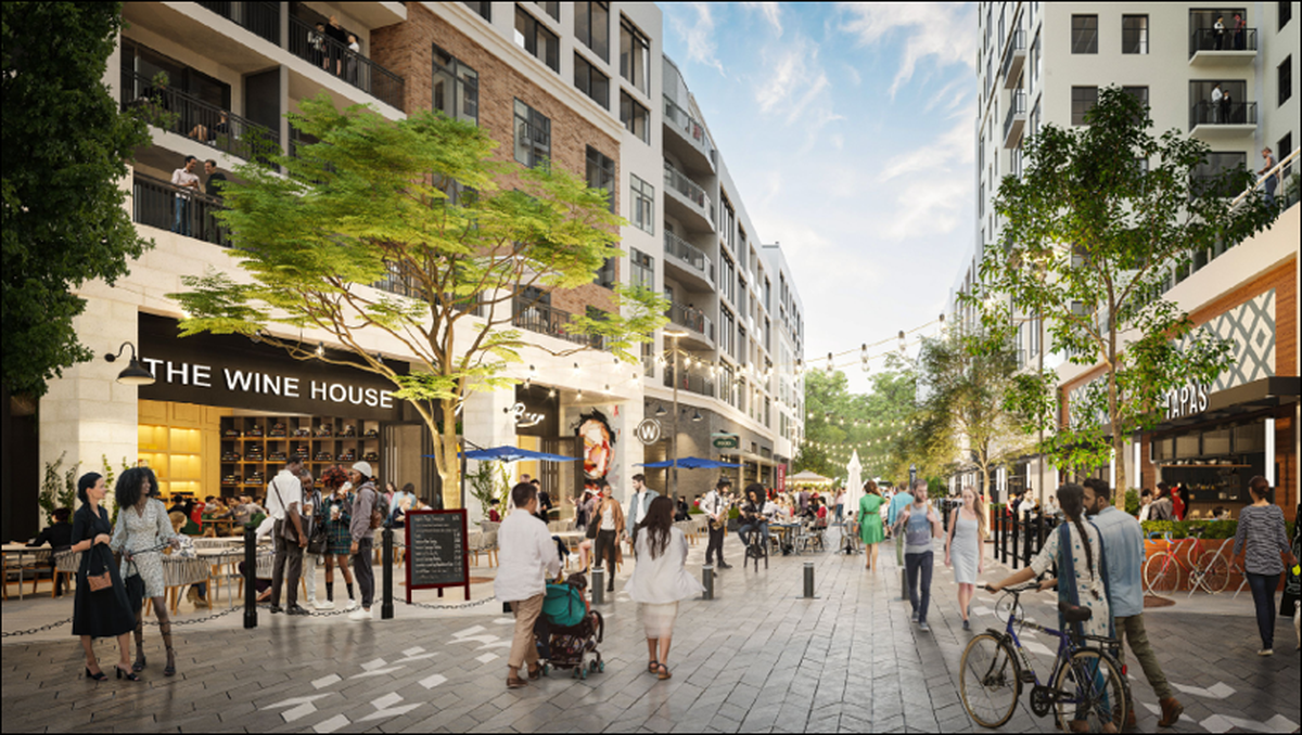 A rendering shows a pedestrian-friendly street that was part of a 9-acre rezoning in South Park. It is now unlikely that Miami developer Related Group will move forward on a redevelopment project, citing deteriorating conditions in commercial real estate.