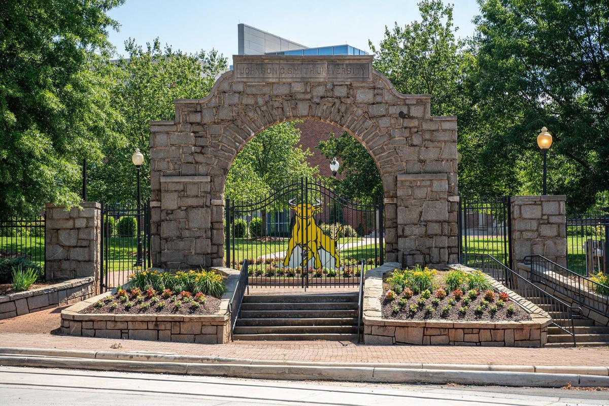 These solid granite gates, known as the Arch, mark the original entrance to Johnson C. Smith University’s campus. Charlotte artist Janelle Dunlap and four other artists are working on a new outdoor art installation at JCSU. It’s expected to open by June and will serve as an outdoor classroom and theater space.