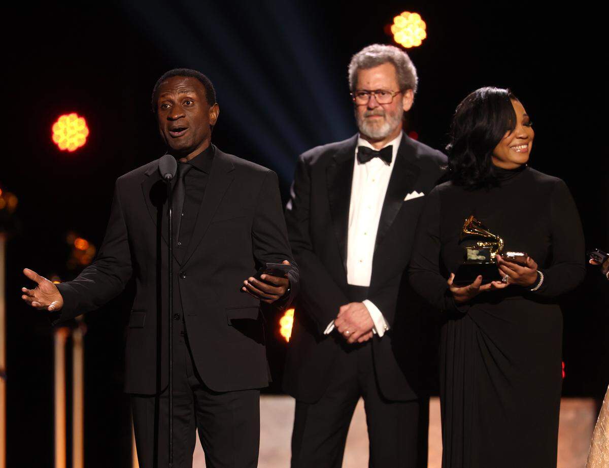 LOS ANGELES, CALIFORNIA - FEBRUARY 01: (L-R) KwamÃ© Ryan, Blanton Alspaugh and Janai Brugger accept the Best Opera Recording award for "Heggie: Intelligence" onstage during  attends the 68th GRAMMY Awards Premiere Ceremony at Peacock Theater on February 01, 2026 in Los Angeles, California. (Photo by Matt Winkelmeyer/Getty Images for The Recording Academy)