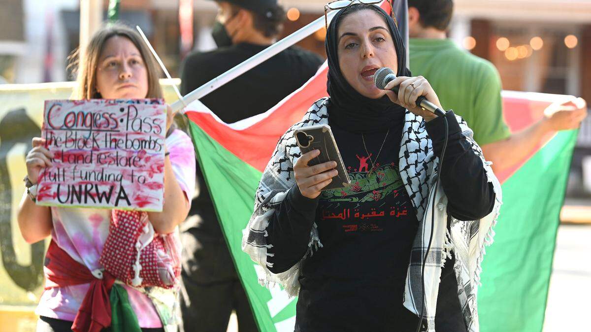 Samira Haddad addresses the crowd during a "Bread Not Bullets" rally in Davidson, NC on Monday, August 25, 2025. The rally held by a coalition of North Carolina peace and justice organizations.