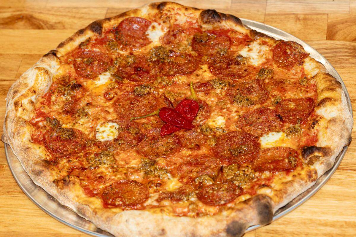 Pizza Baby’s Starsky pizza has pepperoni, sausage, Calabrian chili, oregano and mozzarella.