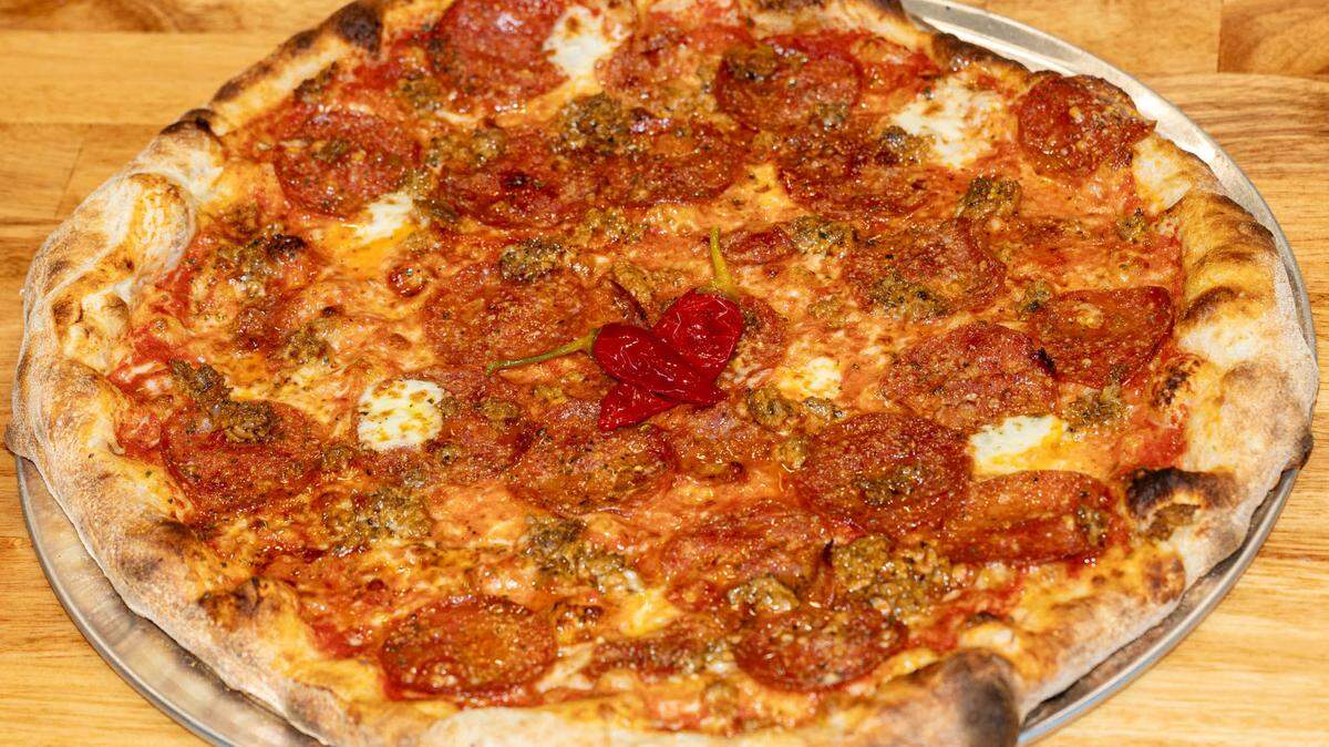 Pizza Baby’s Starsky pizza has pepperoni, sausage, Calabrian chili, oregano and mozzarella.
