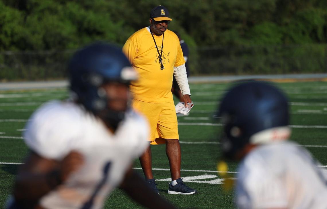Head coach Maurice Flowers watches over JCSU’s football practice in Charlotte, NC on Tuesday, August 27, 2024.