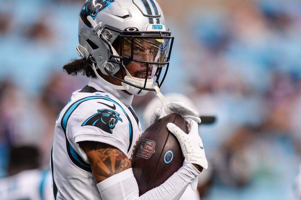 Panthers wide receiver Robby Anderson during warm-ups before the pre-season game against the Ravens on Saturday, August 21, 2021 at Bank of America Stadium.