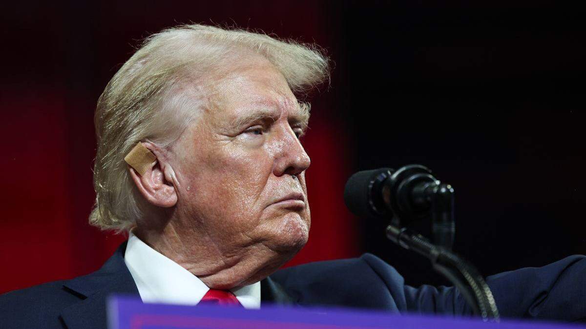 Former President Donald Trump acknowledges the applause of supporters during a rally at Bojangles Coliseum in Charlotte, NC on Wednesday, July 24, 2024.