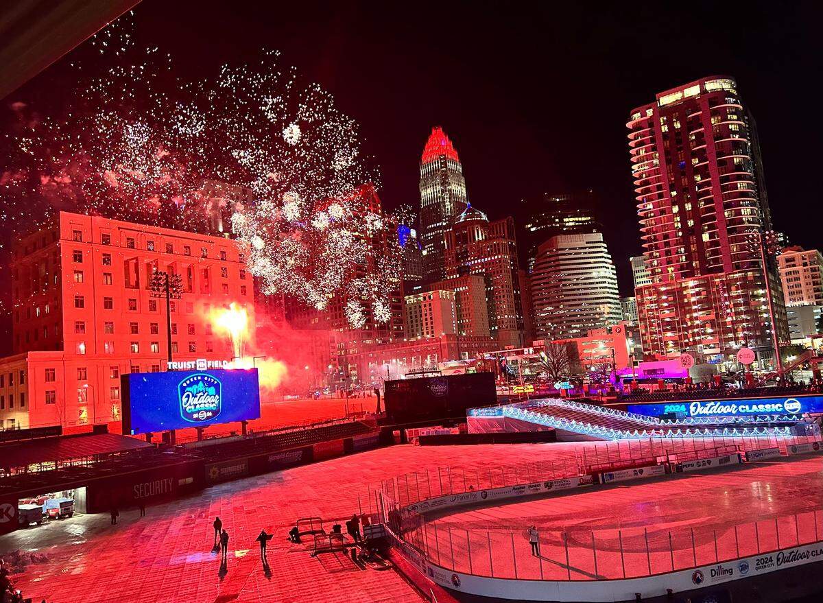 Fireworks were shot off postgame after the Queen City Outdoor Classic. The Charlotte Checkers won, 5-2, over Rochester in an outdoor hockey game played at the Charlotte Knights’ Truist Field before a sellout crowd of 11,031.