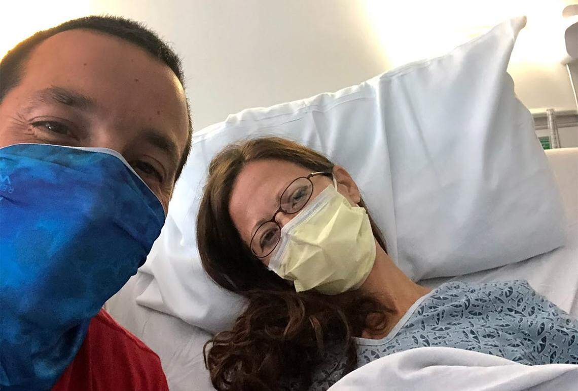 “It’s funny, my husband’s got O-positive blood, and now every time I see a post (about an O-positive person who needs a kidney), I’m like, ‘Hey, this is an O-positive!,’” says Holly Armstrong, shown here with her husband Kevin after her surgery. “I don’t know if he’s quite ready to give up his own kidney, but I’m like, ‘You have that! You could help them! I can’t help them, but you could help them!’”