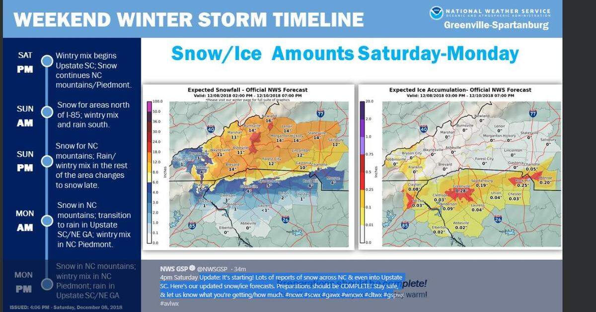 The National Weather Service updated its timeline at 4 p.m. Saturday for this weekend’s winter storm in the Carolinas.