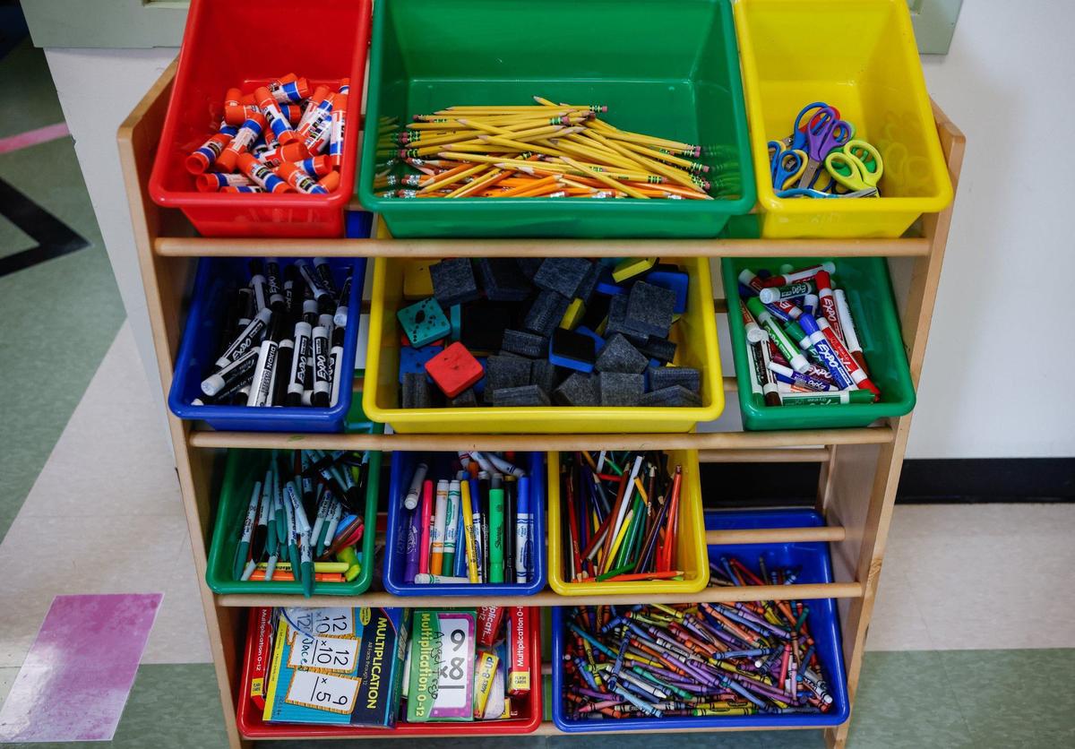 Classroom supplies sit at the ready for students during the first day of school at Idlewild Elementary School in Charlotte, NC on Monday, August 26, 2024.