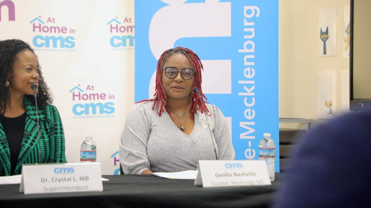 Genita Nashville, a teacher at Northridge Middle School, discussed her struggles with affordable housing at Esperanza Global Academy in east Charlotte, N.C. on Thursday, November 14, 2024.