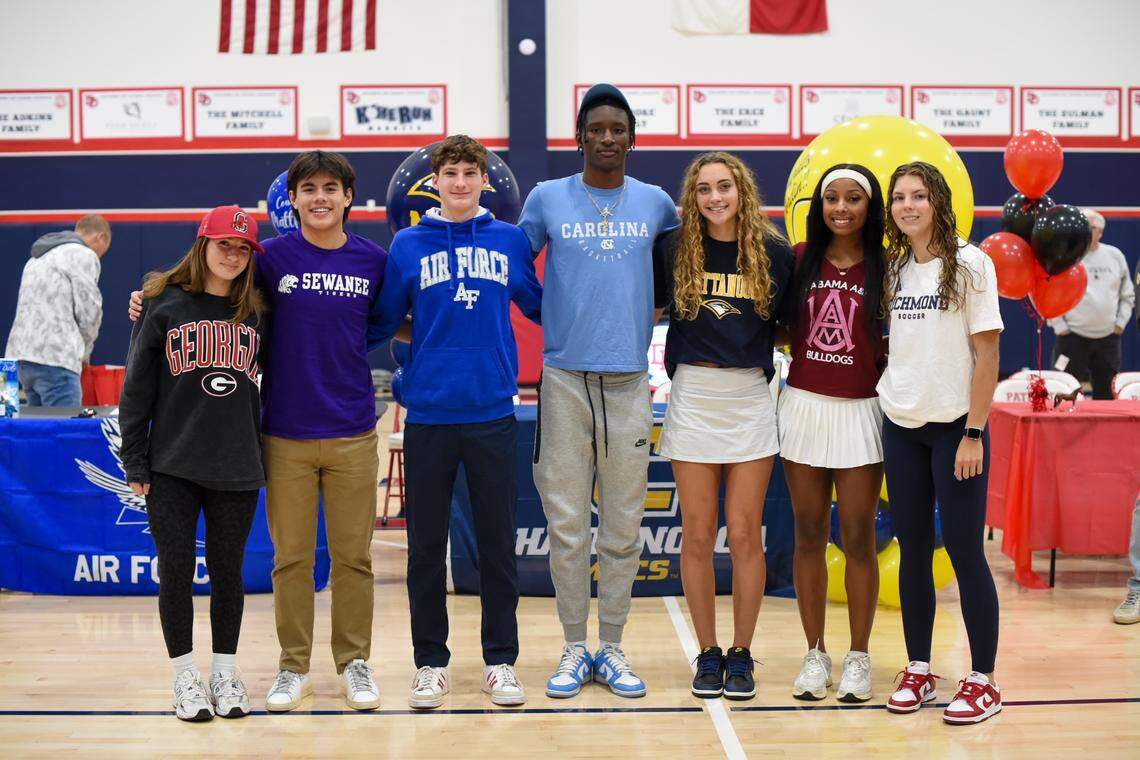 20241113 Davidson Day School celebrates seven seniors who will be committing to attend and play their sports in college. Family, coaches, faculty, and the upper school student body gathered during assembly to honor: Dom Desmond - Soccer - Sewanee Jordin Glass - Volleyball UT Chattanooga Kaydee Smith - Volleyball Alabama A and M Matthew Doty - Swim - US Naval Academy Abbie Gordon - Equestrian - Georgia Isaiah Denis - Basketball - UNC Chapel Hill Isabel Seifert - Soccer - U. of Richmond Photo by L. Woods 2024