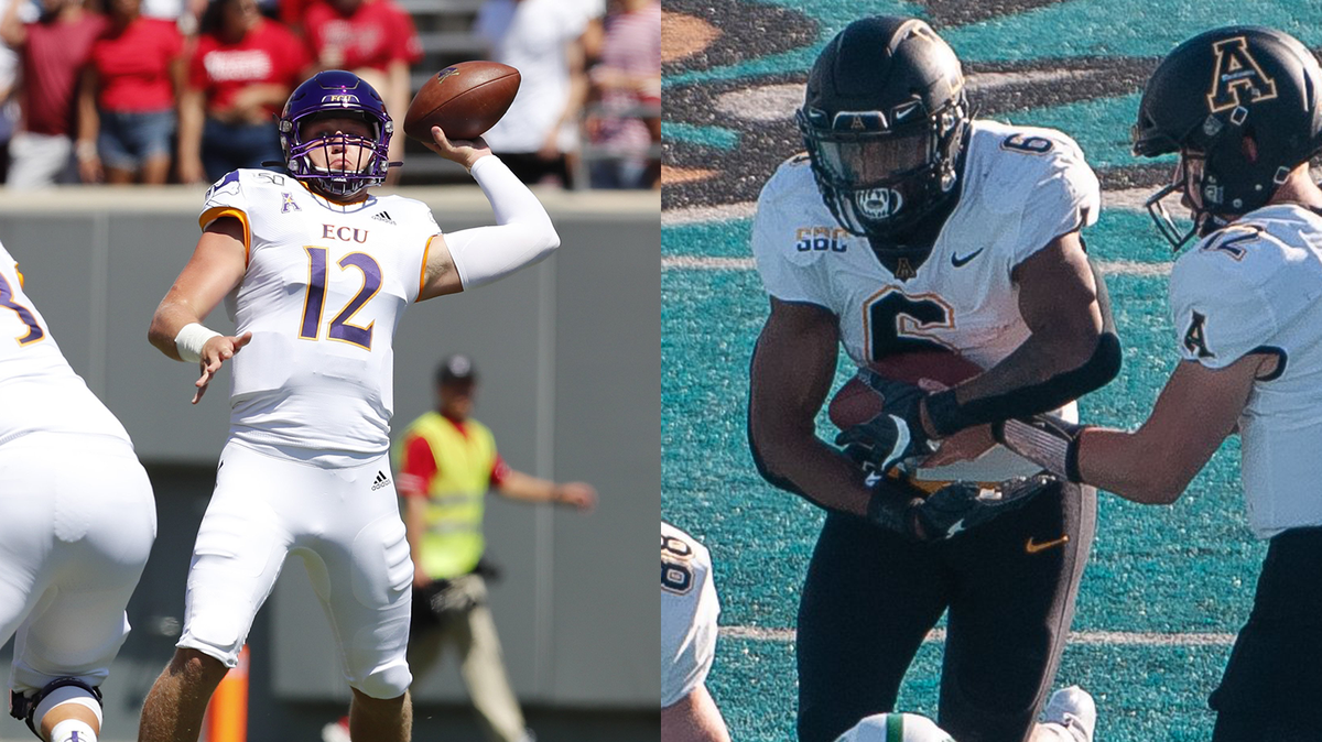 East Carolina quarterback Holton Ahlers, left, and Appalachian State running back Camerun Peoples.