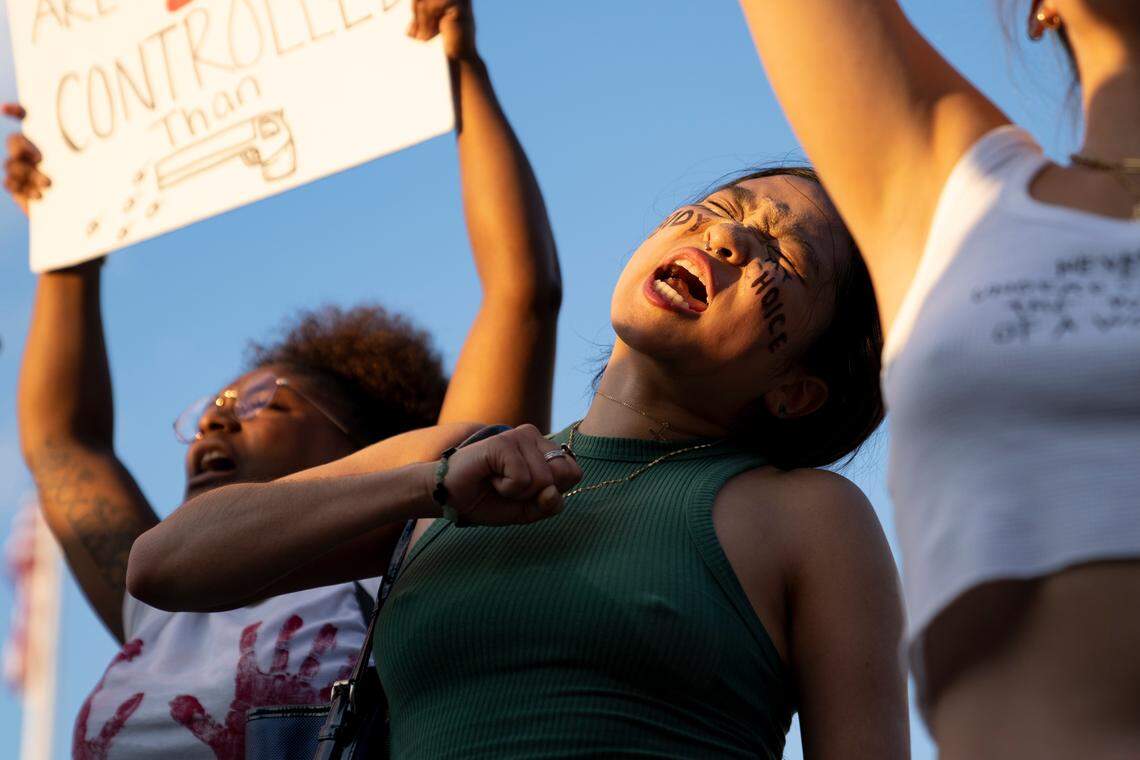 Robin Gwak protests with other abortion rights activists outside of the Supreme Court of the United States in Washington, D.C. on Saturday, June 25, 2022 following the Court’s decision to overturn Roe v. Wade.
