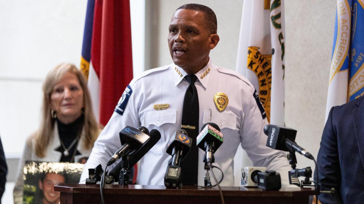 CMPD Chief Johnny Jennings speaks during a press conference at the Mecklenburg County Sheriff’s Office on March 27, 2024.