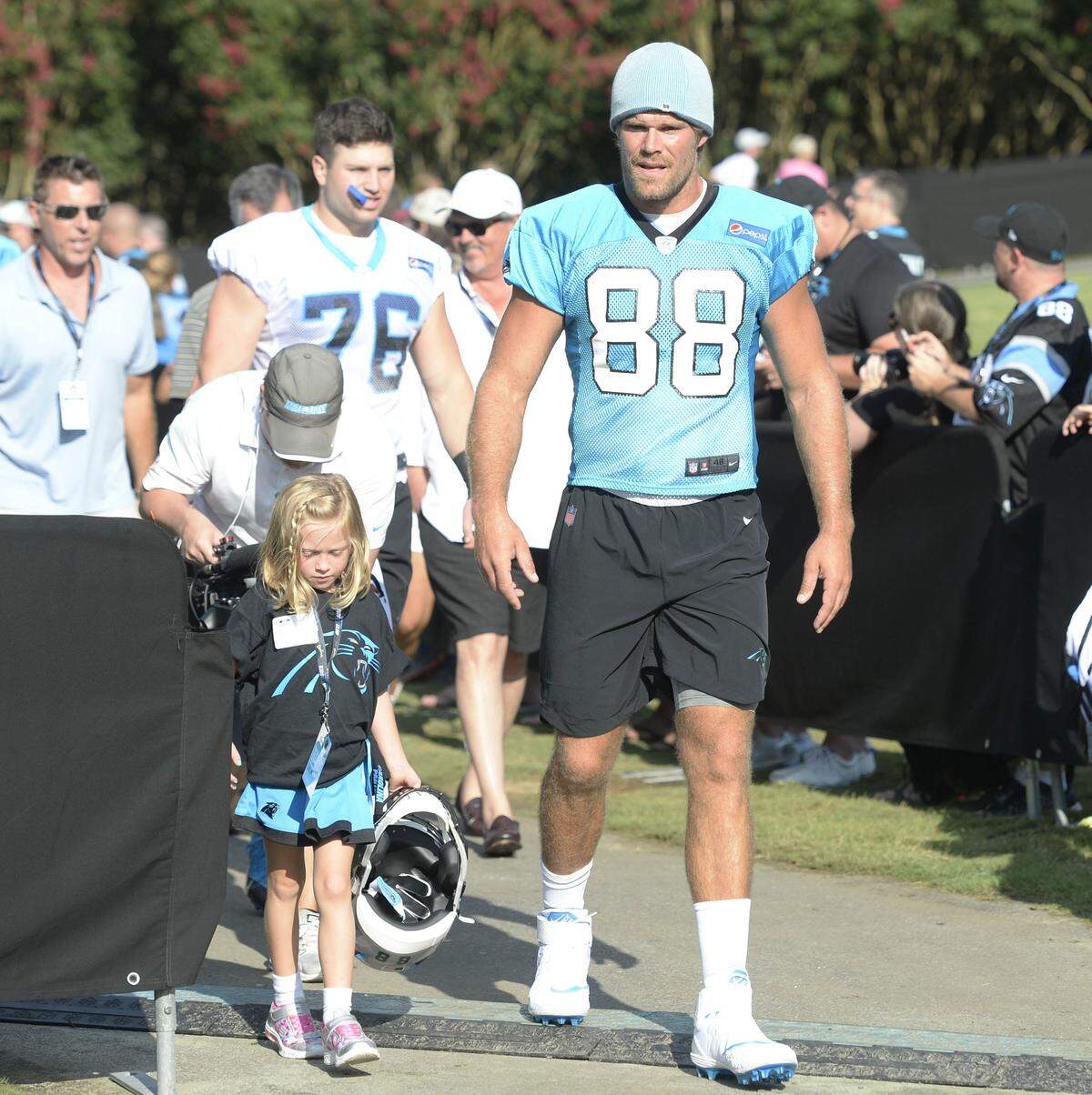 Carolina Panthers tight end Greg Olsen (88) had a catch in the first practice of training camp on Thursday at Wofford that spoke to the benefits of a trip to Baltimore.