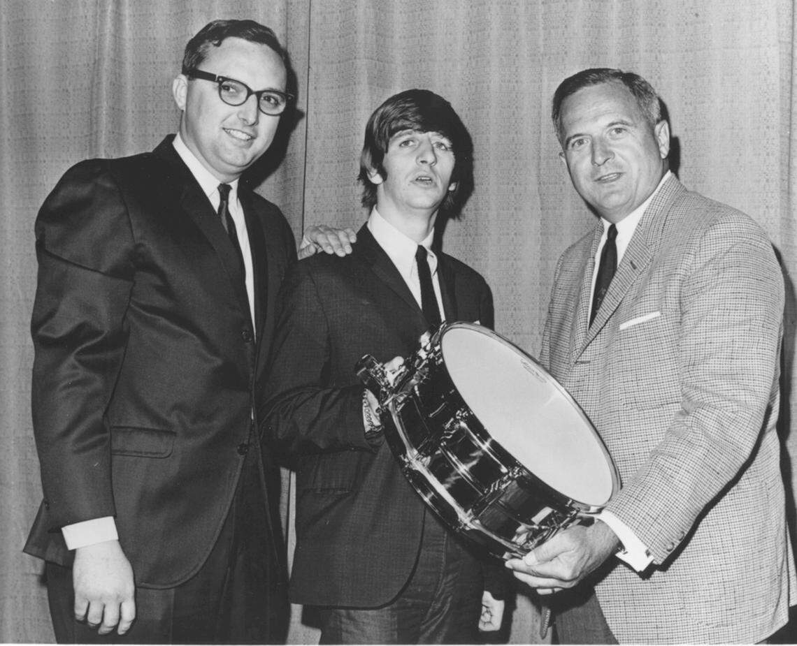 On Sept. 5, 1964, ahead of a Beatles concert in Chicago, Ludwig Drums gave Ringo Starr a gold-plated snare drum as thanks for choosing the brand. Sales had exploded after the band appeared on “The Ed Sullivan Show” in February. Chicago was Ludwig’s headquarters at the time, and company President William Ludwig II, left, and marketing director Dick Schory presented the drum to Starr.