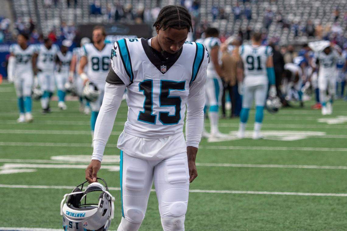 Panthers cornerback CJ Henderson walks off the field after the game against the Giants at MetLife Stadium on Sunday, October 24, 2021 in Rutherford, NJ. The Panthers, who did not score a single touchdown, lost to the Giants, 24-3. This is the Panthers fourth straight loss after a 3-0 start to the season.