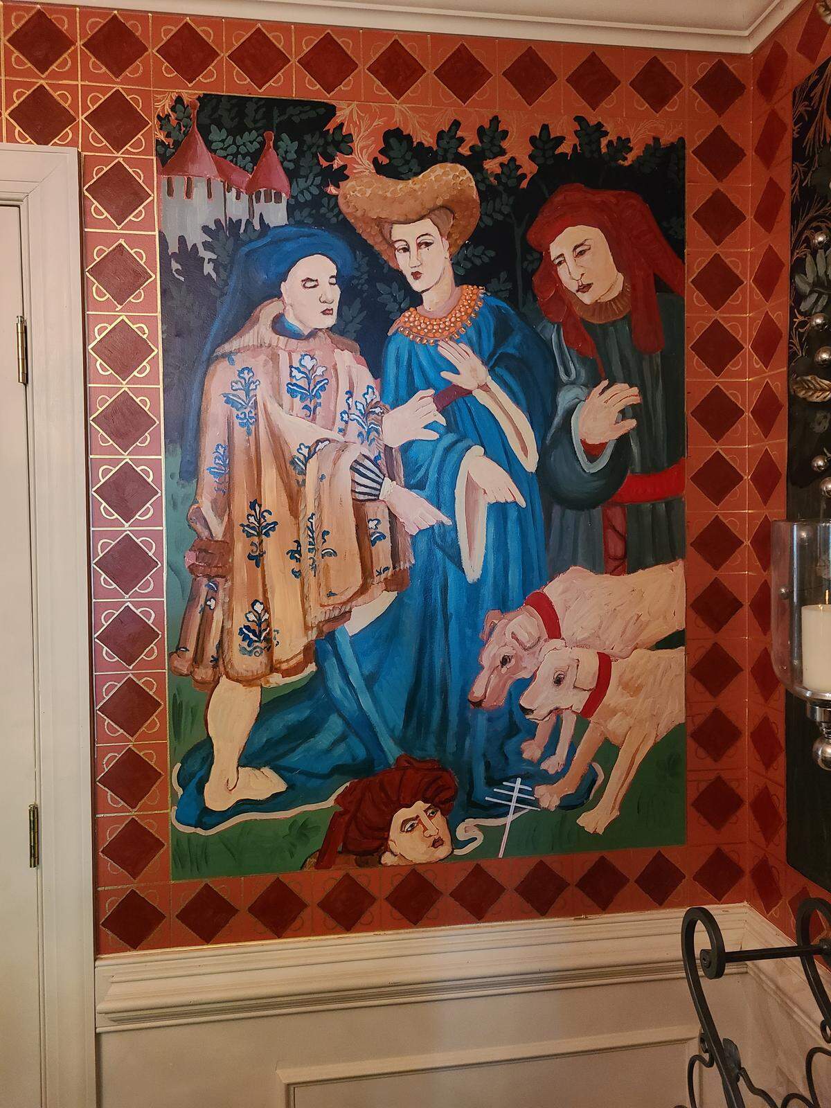 Andress' mural is filled with castles with parapets, horses and hunting dogs, and gold-adorned robes reminiscent of Gustav Klimt’s  paintings. People assume the intricate diamond background is wallpaper. It's not. Andress painted it.
