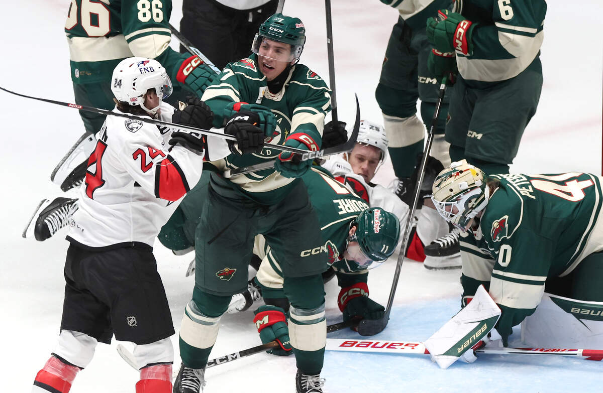 The Charlotte Checkers and Iowa Wild get tangled up in a scuffle during second period action on Friday, October 17, 2025 at Bojangles Coliseum in Charlotte, NC.