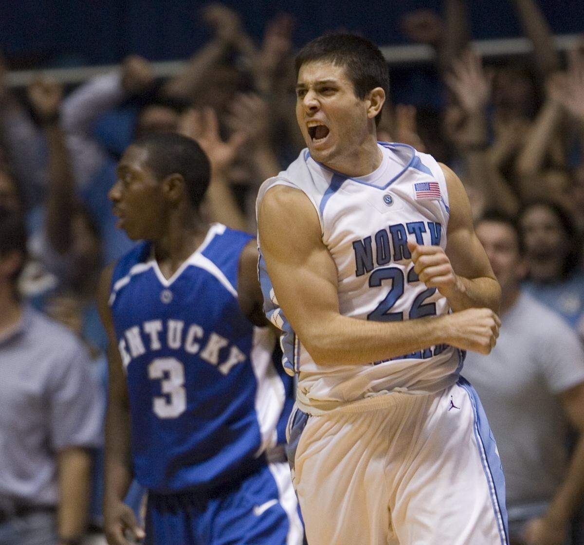 UNC’s Wes Miller reacts after hitting a 3-pointer against Kentucky in 2006 at the Smith Center in Chapel Hill.