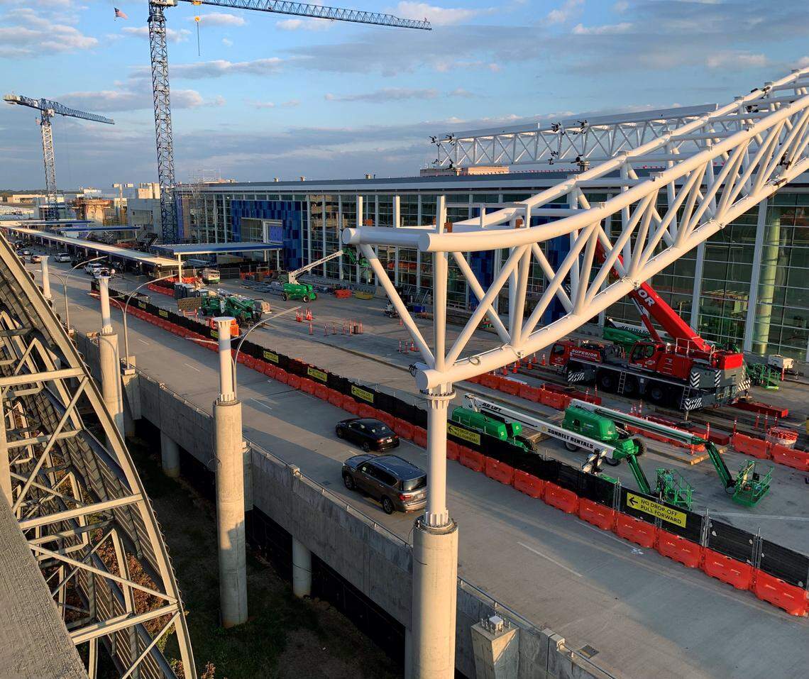 A look at construction work at the upper level of Charlotte Douglas International Airport. That upper roadway has partially reopened after initial construction of a canopy was finished.
