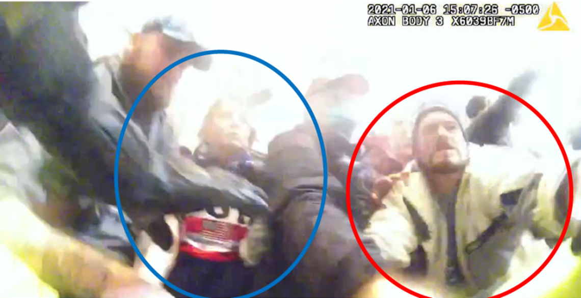 Tanya Bishop and Curtis Davis lunge at police during the Capitol riots on Jan. 6, 2021. The couple now faces felony and misdemeanor charges.