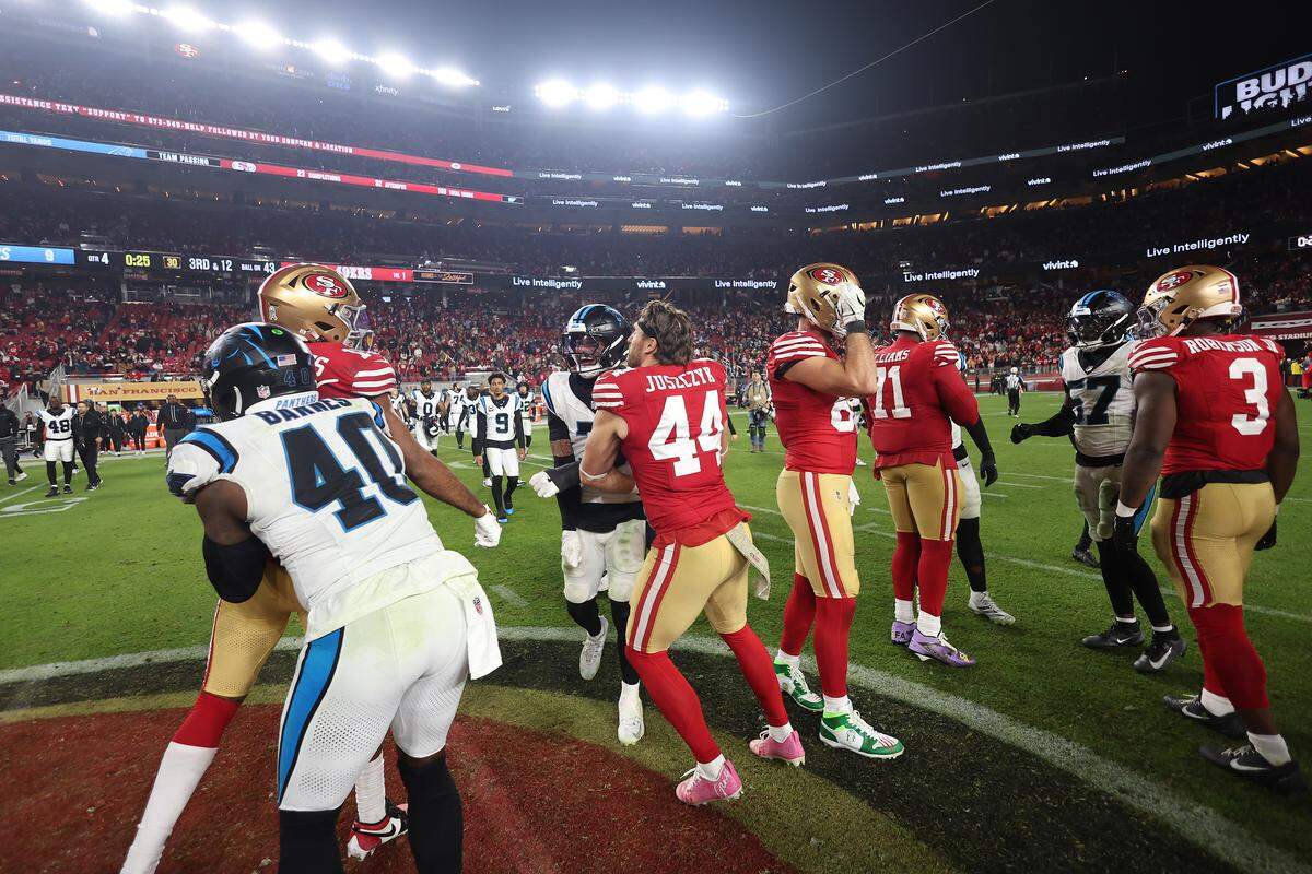 Jauan Jennings (15) of the San Francisco 49ers is separated from Tre'von Moehrig (7) of the Carolina Panthers after Monday’s game at Levi's Stadium.
