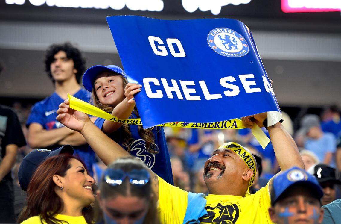 Fans cheer before a soccer match between Chelsea and Mexico’s Club América in Las Vegas on Saturday, July 16. Chelsea will play Charlotte FC on Wednesday, July 20.