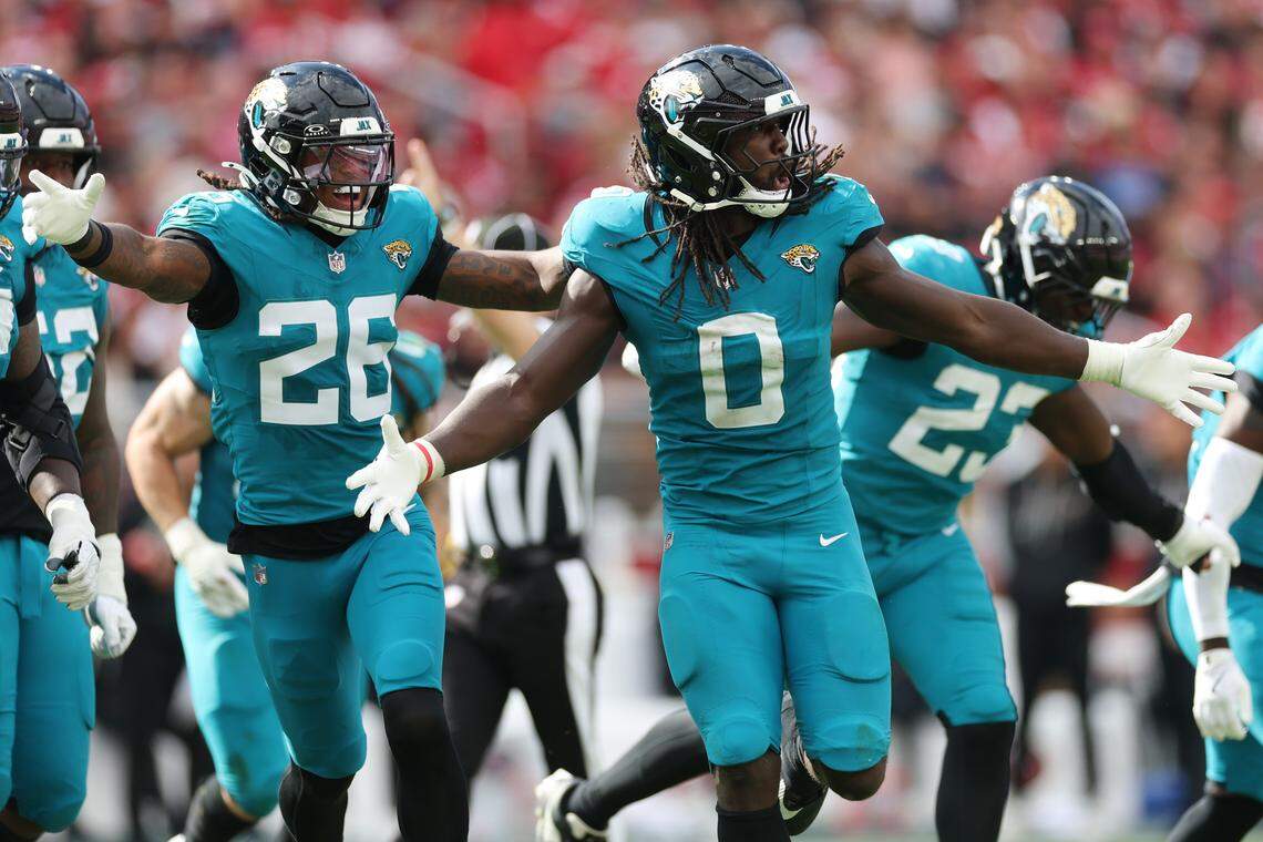 Devin Lloyd, pictured here as a member of the Jacksonville Jaguars, celebrates after intercepting a pass during a 2025 game against the San Francisco 49ers at Levi's Stadium in Santa Clara, California. 