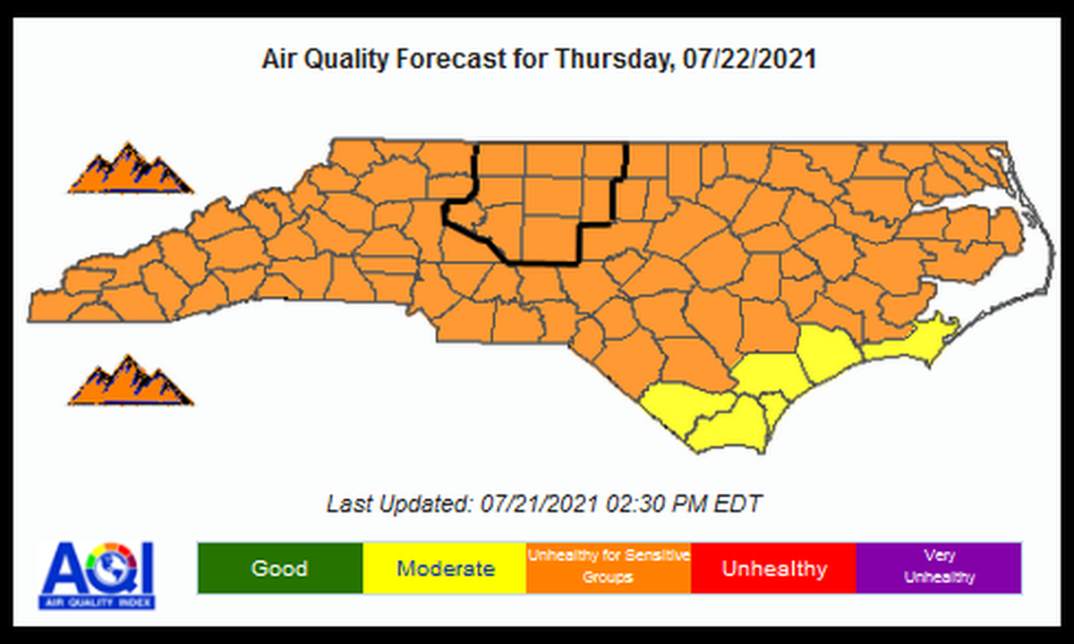 Most of North Carolina, including the Charlotte region, will be under a Code Orange air quality alert on Thursday, July 22, 2021, as smoke from the wildfires in Western states makes its way east.