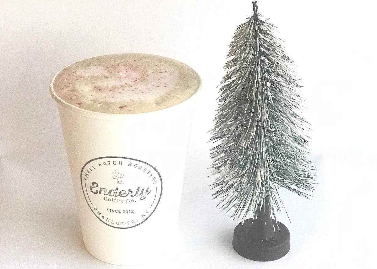 Enderly’s Peppermint White Mocha is topped with crushed peppermint.