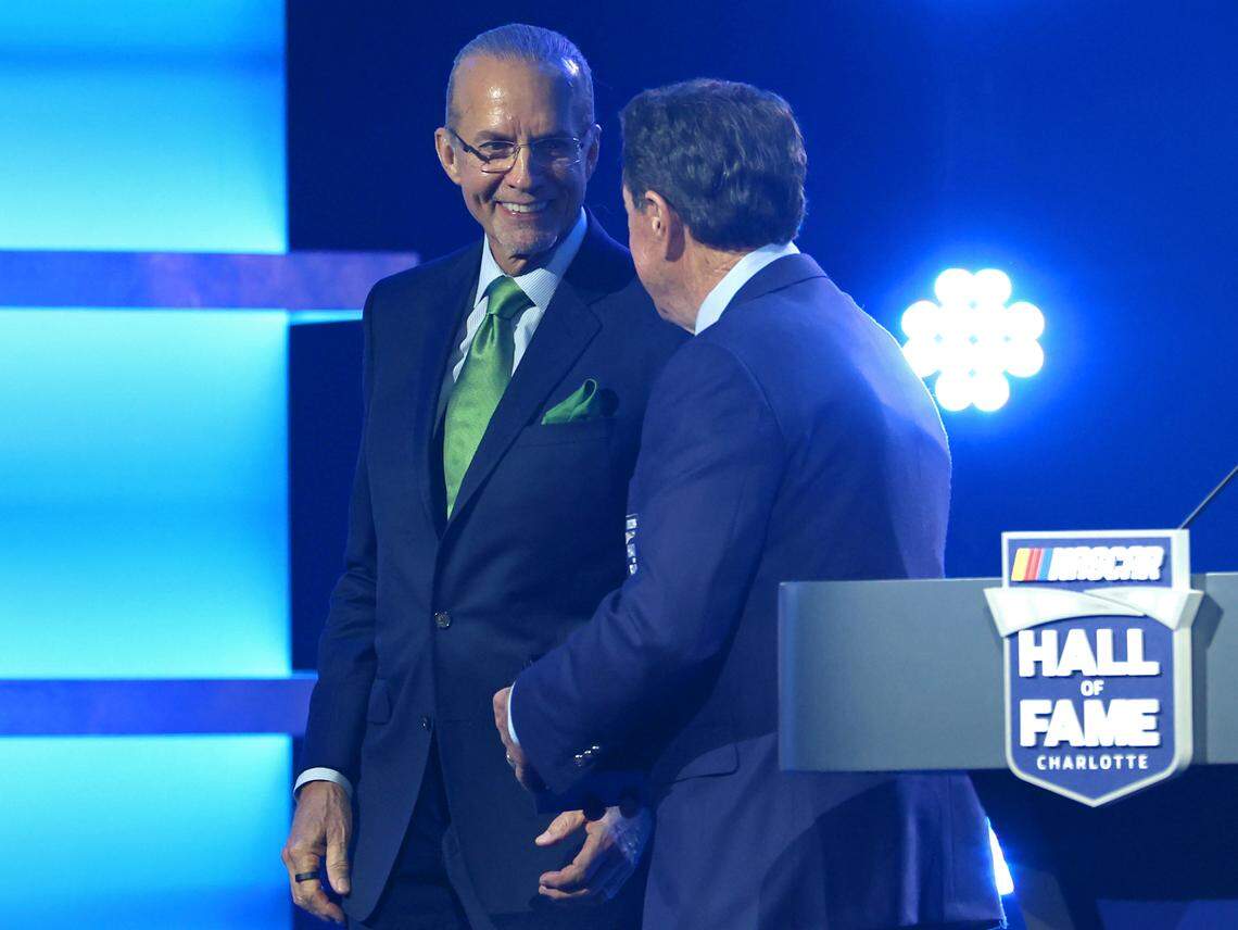 Former NASCAR driver Kyle Petty, left, smiles as he and Harry Gant, right, exit the stage following Gant’s NASCAR Hall of Fame Induction Ceremony speech at the Charlotte Convention Center in Charlotte, NC on Friday, January 23, 2026. 