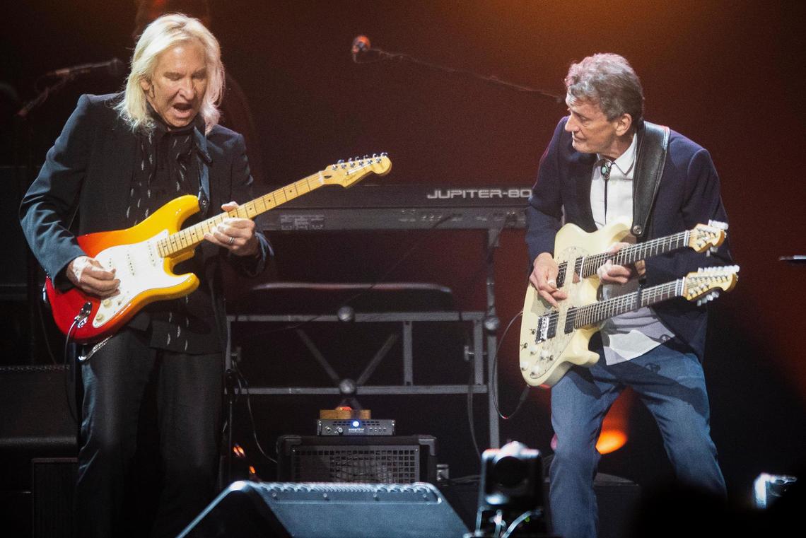The Eagles’ Joe Walsh, left and Steuart Smith play “Hotel California” during the Hotel California tour at the Spectrum Center in Charlotte, N.C., Monday, Feb. 21, 2022.