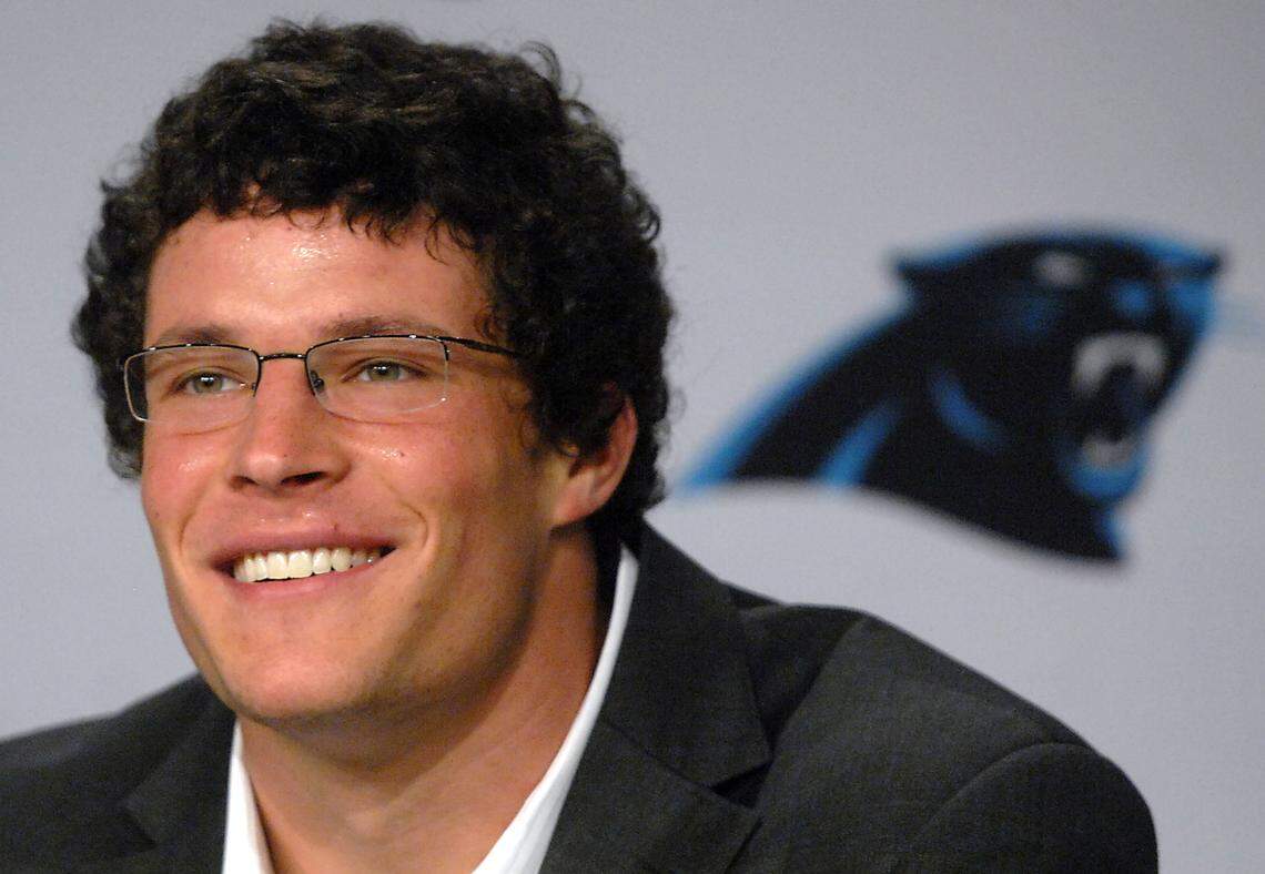Panthers’ first-round draft pick Luke Kuechly, the All-America linebacker from Boston College, meets with Charlotte media at Bank of America Stadium on April 27, 2012.