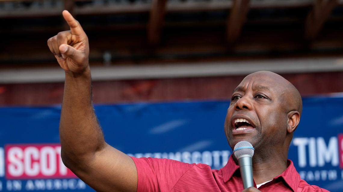 Republican presidential candidate South Carolina Sen. Tim Scott speaks at a campaign event, Thursday, Sept. 7, 2023, in Rye, N.H.
