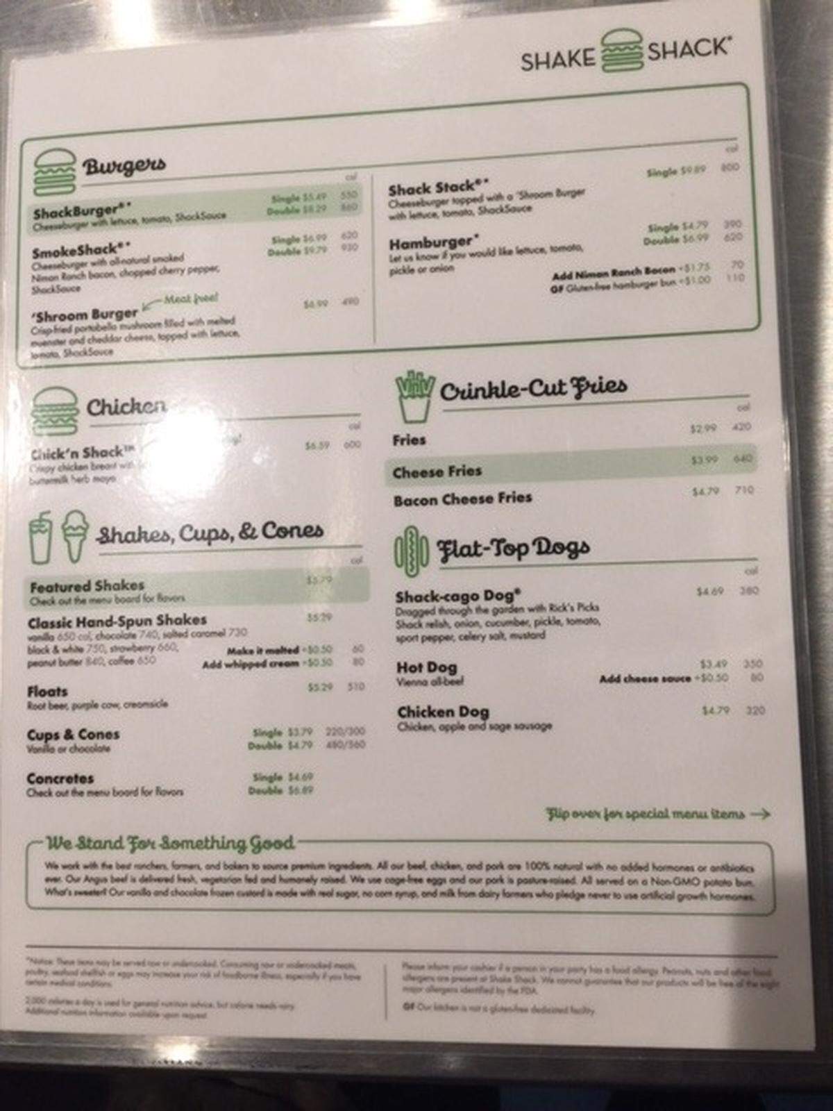 The main part of the Shack Shake menu includes prices and calorie counts. Also available: 3 featured flavors of shakes and "concretes," as well as beer and wine.