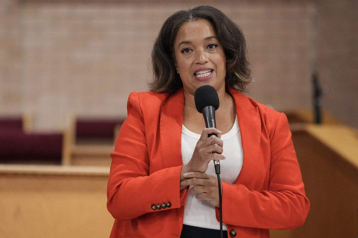 Democratic candidate for Charlotte City Council District 3 Joi Mayo speaks during a candidate forum hosted by the Black Political Caucus of Charlotte-Mecklenburg Saturday, Aug. 2, 2025, in Charlotte, N.C.