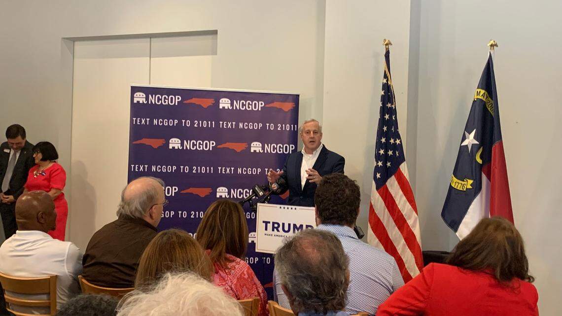 RNC Chairman Michael Whatley speaks to a crowd in Charlotte Thursday as part of the GOP’s “Protect the Vote Tour,” an effort to get GOP voters to work as election monitors, poll workers or lawyers for the party.