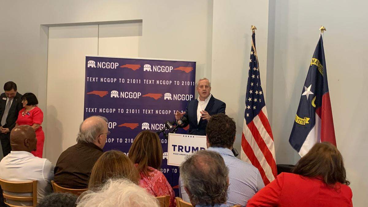 RNC Chairman Michael Whatley speaks to a crowd in Charlotte Thursday as part of the GOP’s “Protect the Vote Tour,” an effort to get GOP voters to work as election monitors, poll workers or lawyers for the party.