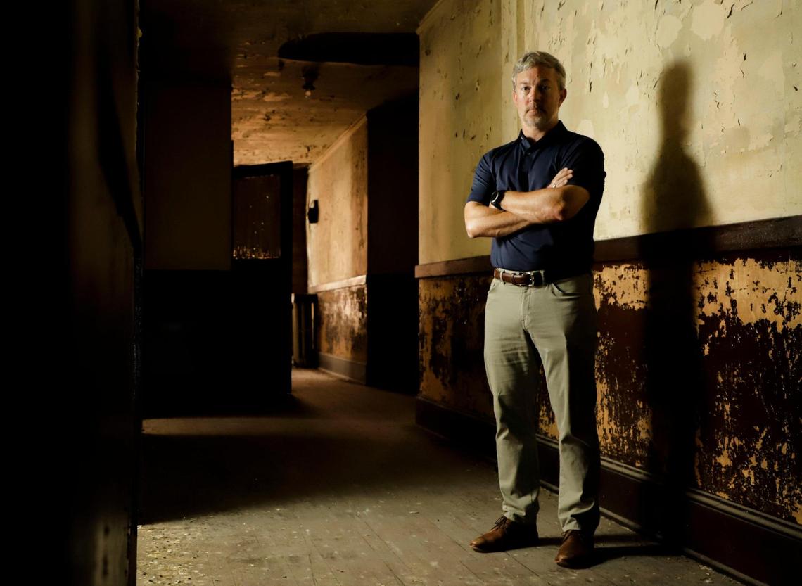 Shaw Kuester stands inside the 1920s Schlosburg’s building in downtown Chester, S.C. Kuester’s commercial real estate company is under contract to purchase and renovate the building with new apartments and retail, including a coffee shop. He credits the county’s economic development wins for investment.