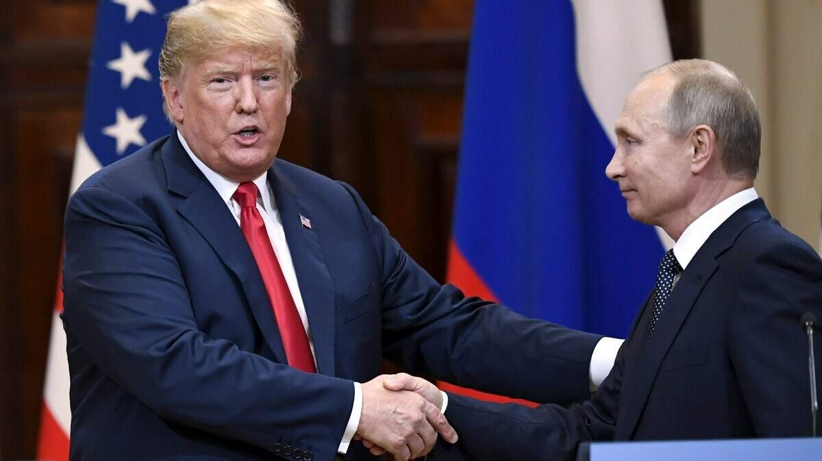Donald Trump and Russian President Vladimir Putin shake hands after a joint press conference Monday at the Presidential Palace in Helsinki, Finland.