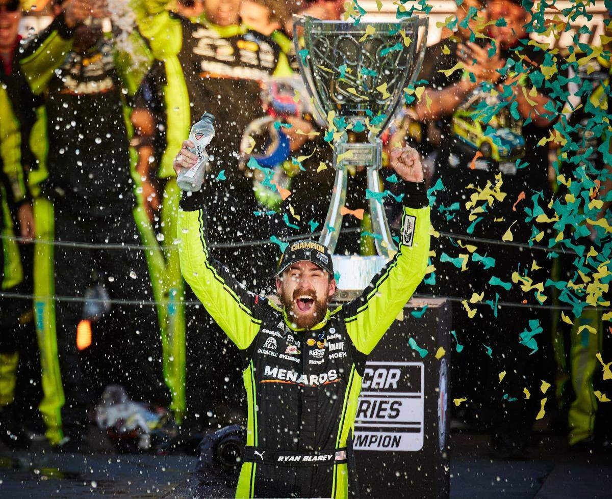 NASCAR Cup Series driver Ryan Blaney (12) celebrates winning the Cup Series Championship at Phoenix Raceway in Avondale on Sunday, Nov. 5, 2023.